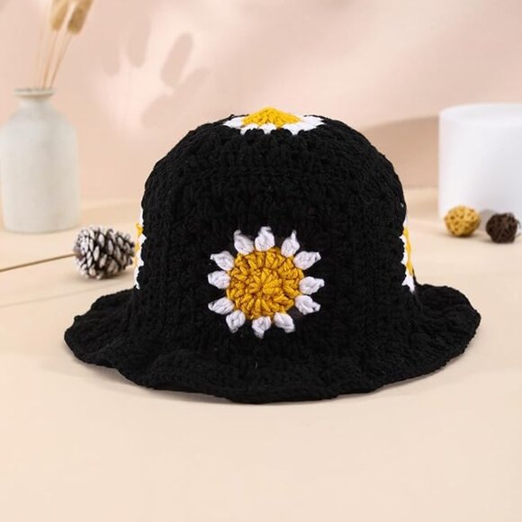 One Handmade Crochet Sunflower Decorated Color Blocking Bucket Hat For Women main image 4